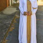 Farida White African Chiffon Kaftan Moroccan Arabic Abaya Dress, crafted with intricate Gold embroidery patterns-DPKWGE54