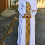 Farida White African Chiffon Kaftan Moroccan Arabic Abaya Dress, crafted with intricate Gold embroidery patterns-DPKWGE54