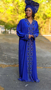 Aminatu Navy Blue African chiffon ladies Abaya Moroccan Kaftan dress w