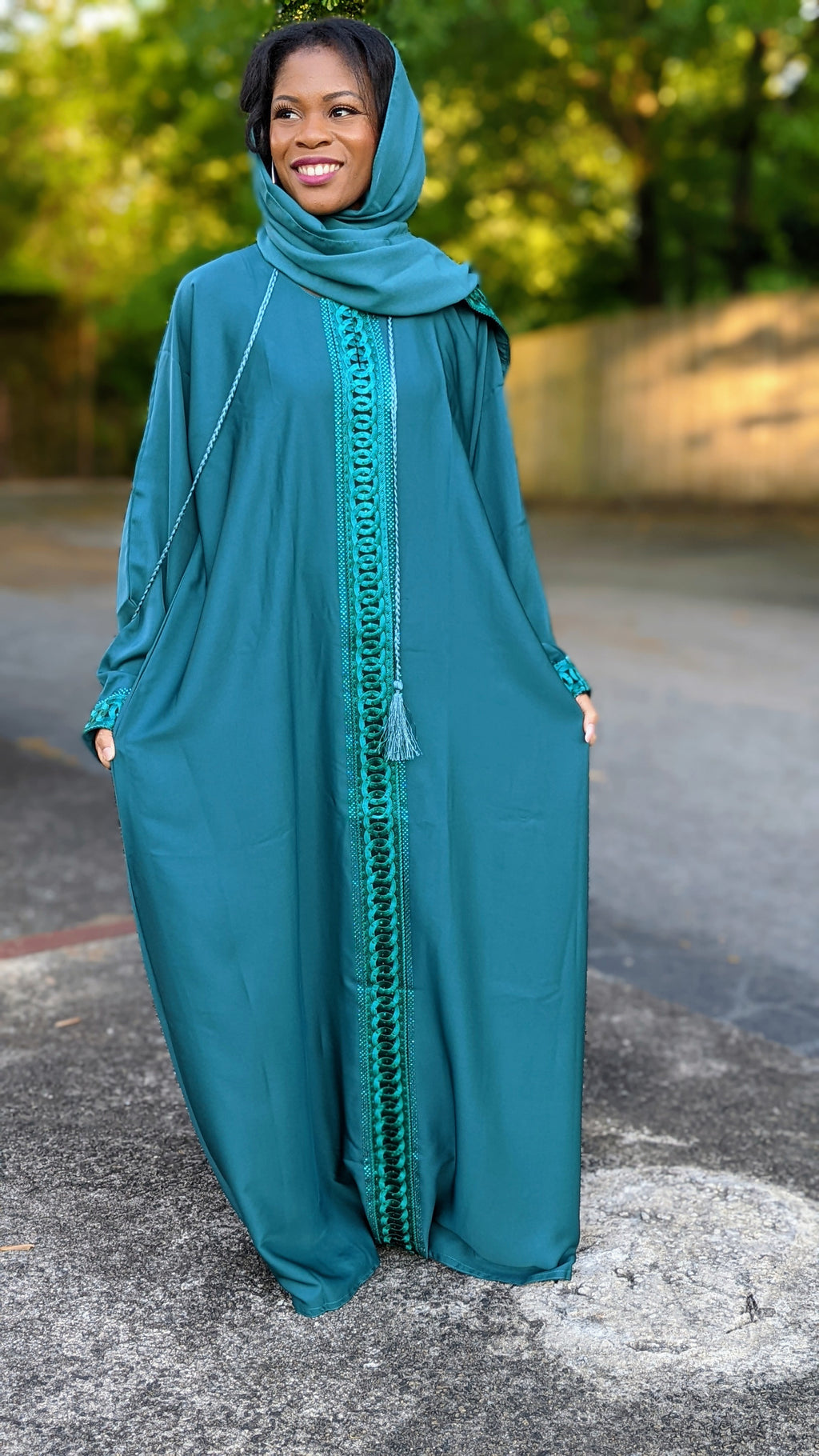 Amira Green African chiffon Kaftan Moroccan Arabic Abaya Dress with Green embroidery patterns-DPKGG09