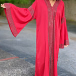 Red Zara African Chiffon Ladies Arabic Kaftan Moroccan Mubarak Eid Dress with Black and Silver Rhinestones-DPKRBS88