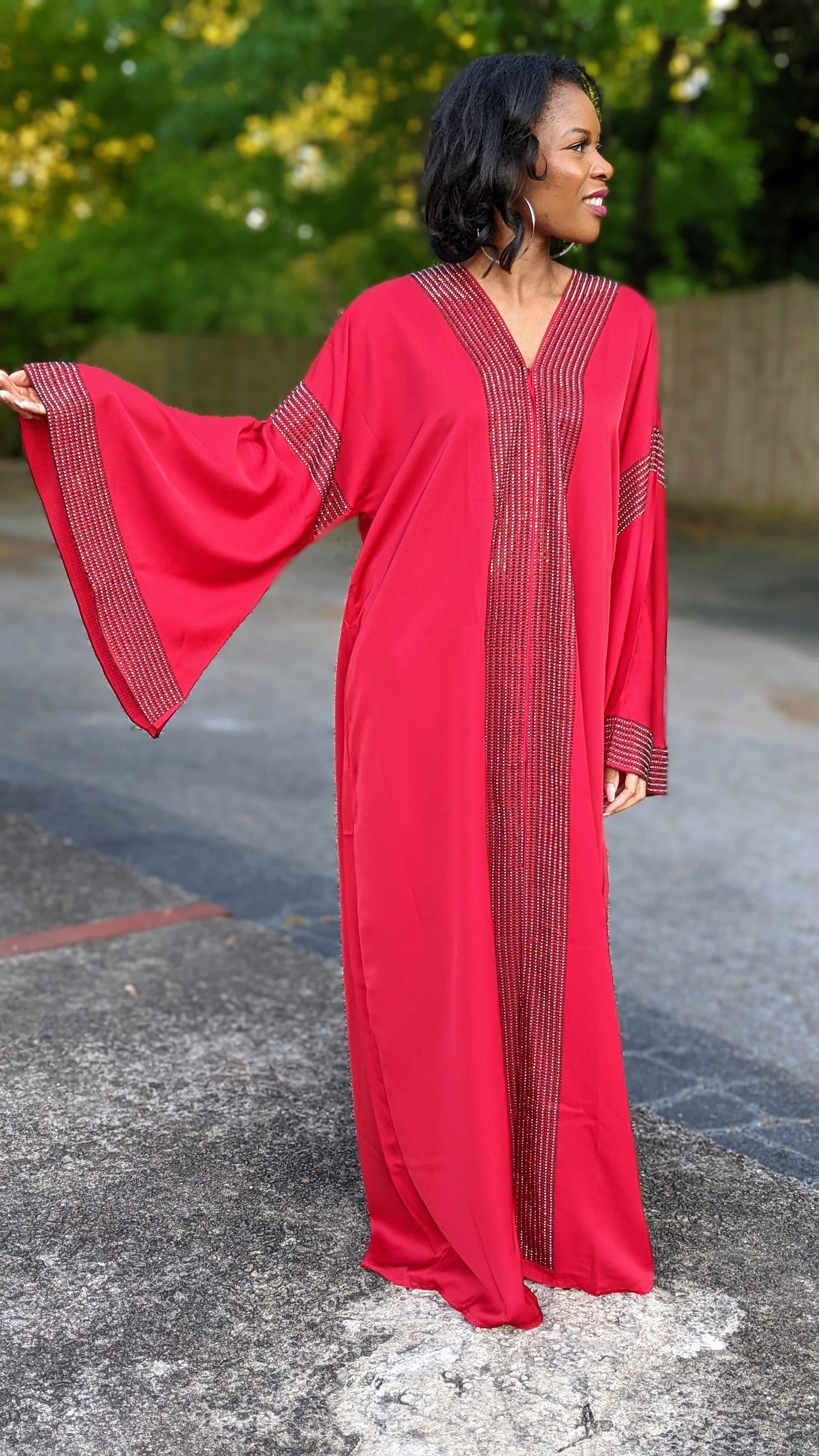Red Zara African Chiffon Ladies Arabic Kaftan Moroccan Mubarak Eid Dress with Black and Silver Rhinestones-DPKRBS88