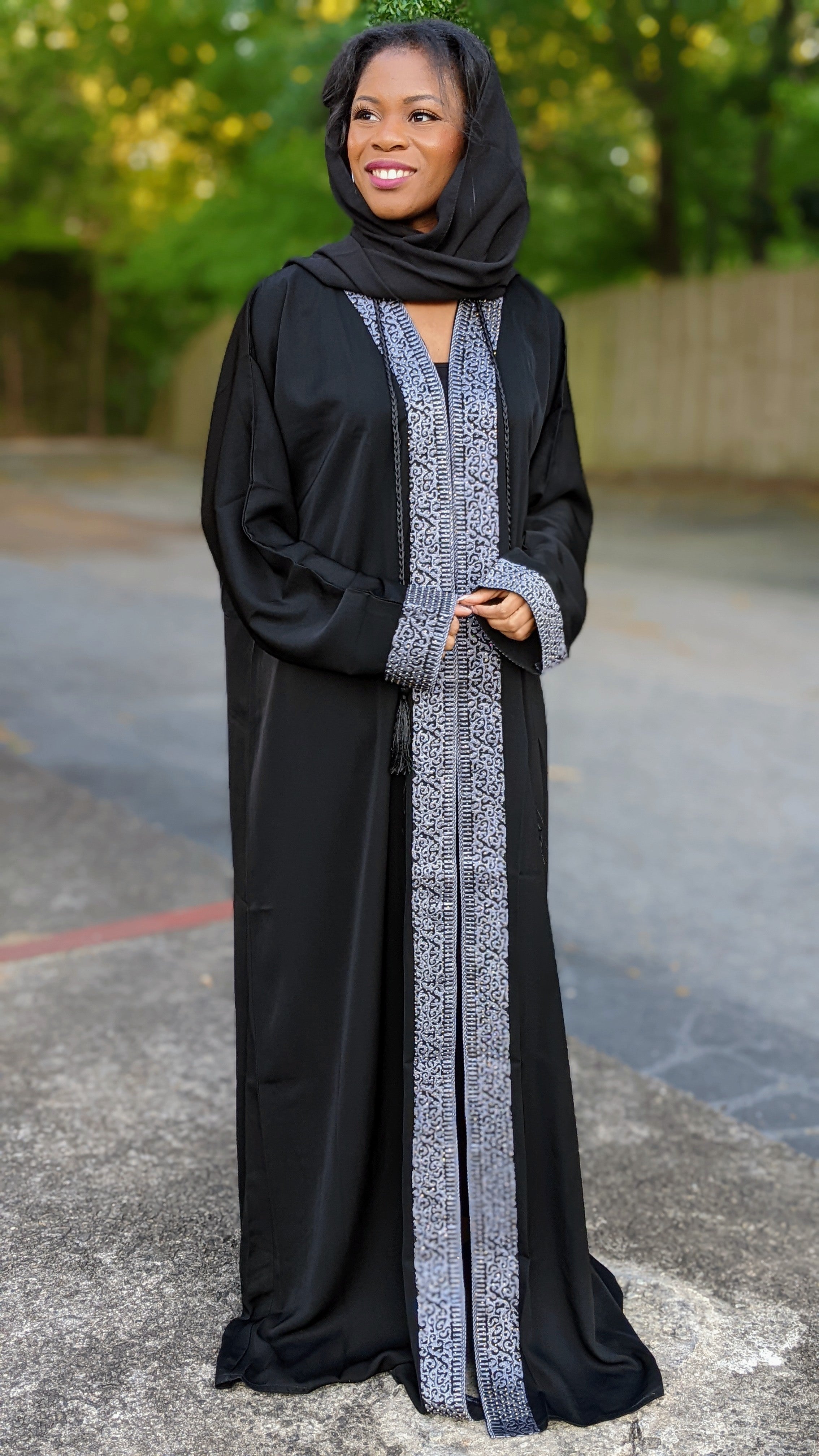 Black Aamira African Chiffon Kaftan Moroccan Arabic Abaya Dress for Women  with Silver Rhinestone and Embroidery Patterns-DPKBSAD42 - Small(08)