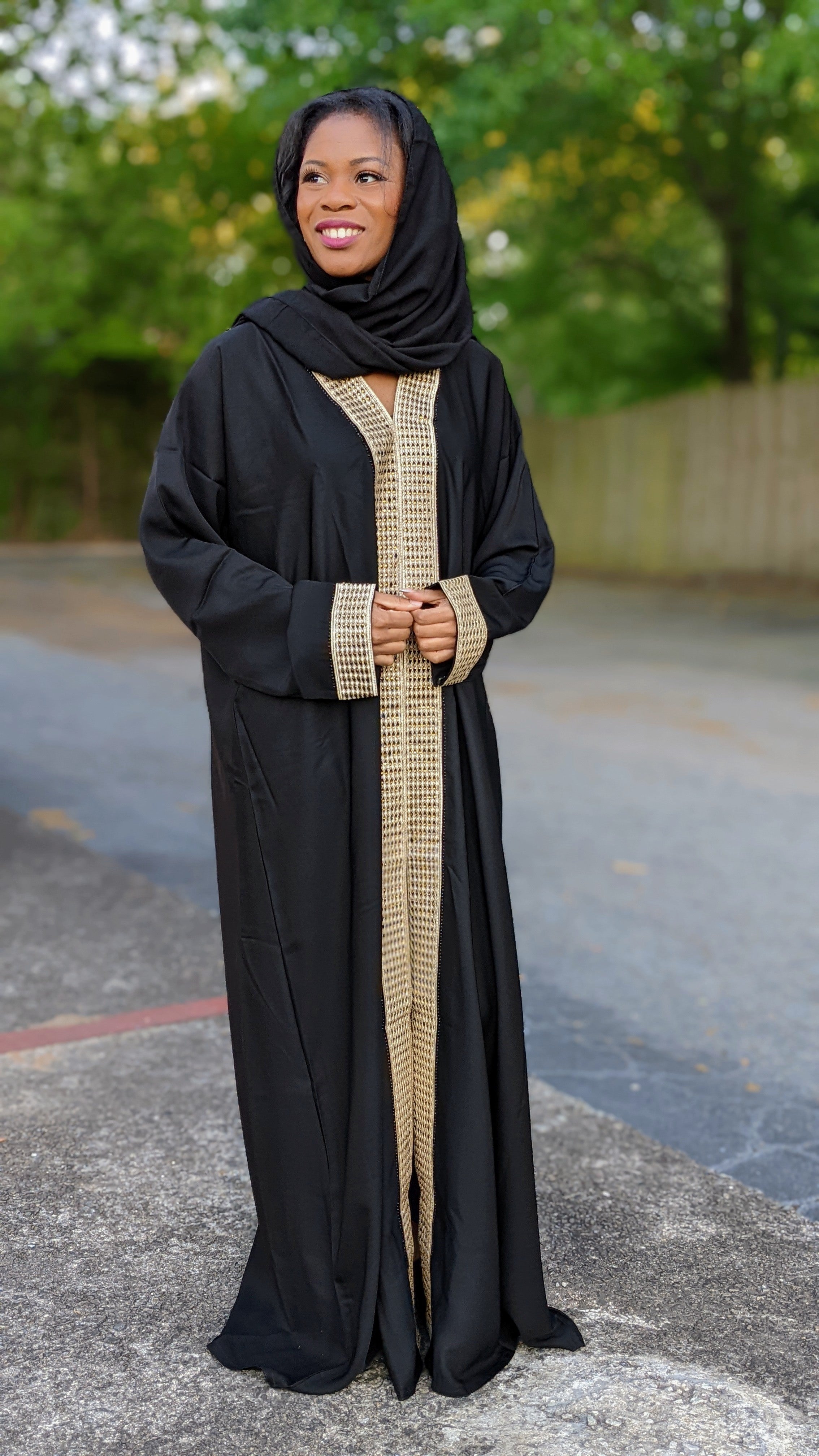 Black Halima African Chiffon Kaftan Moroccan Arabic Abaya Dress with Gold Rhinestone and Embroidery Patterns-DPKBDR34