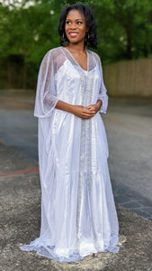 Sheer Silver Aakifah African Net Kaftan Moroccan Arabic Abaya Dress with Rhinestones-DPKSSAD11