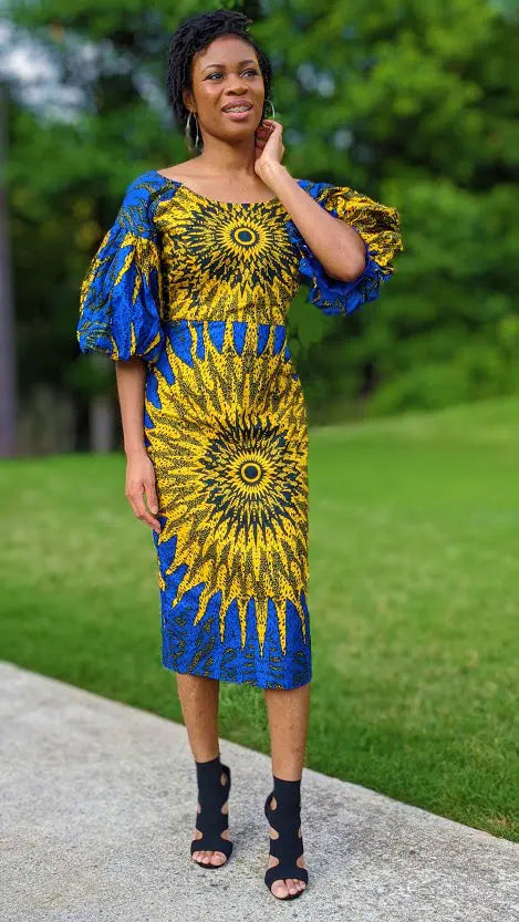 blue and gold african print dress Women's African Clothing. Ankara Short Gown. African Print Dress. Royal Blue and Gold. African Party Dress. Wedding Guest Dress. 2