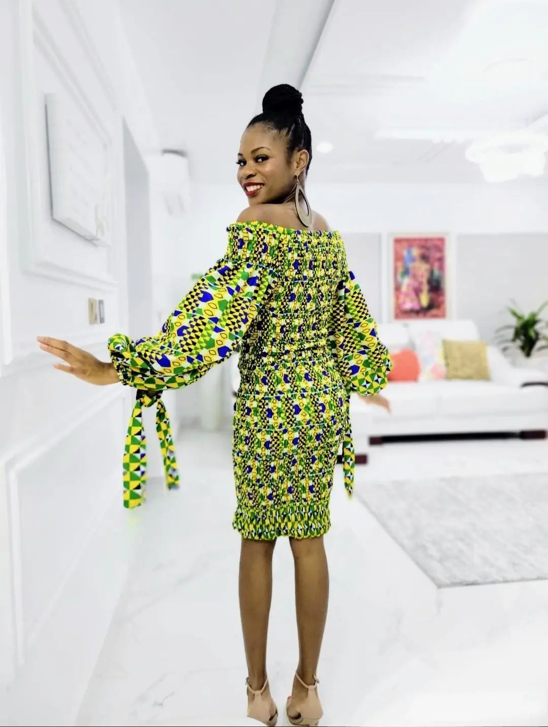 Layo African Print Ankara Kitenge Smocked Stretch Dress Large(14) Layo African Print Ankara Kitenge Smocked Stretch Dress Large(14)