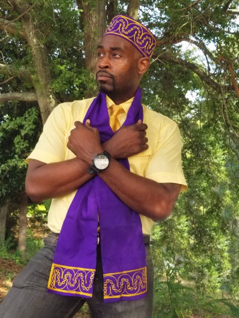 Men Women Unisex Purple African Sash with Gold Embroidery