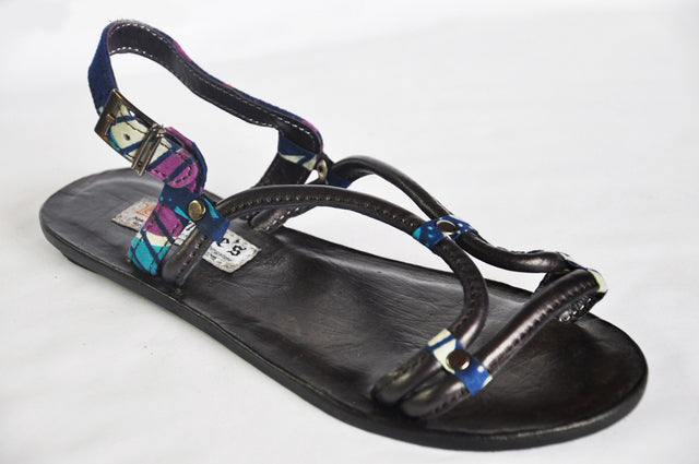 Purple, Blue and Beige African-Print Leather Sandals-DPSD116