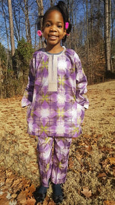 Purple-Green-Beige African Print Top and Pants for Boys-Girls