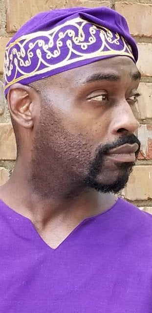 Men's Purple African Adebo Kufi Hat with Gold embroidery-DP3839PG