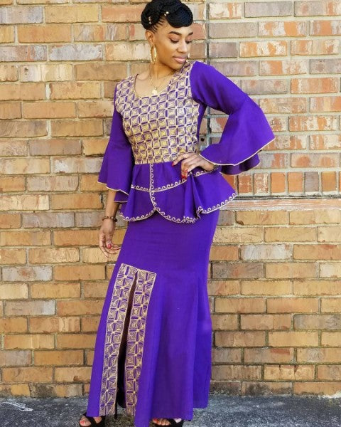 Purple African Top and Skirt with Gold Embroidery-DP3839TS