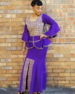 purple and gold african dress Stunning Purple & Gold Ankara Midi Dress with Sequin Sleeves