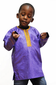 Purple Brocade Shirt for Children with Gold Embroidery Pattern