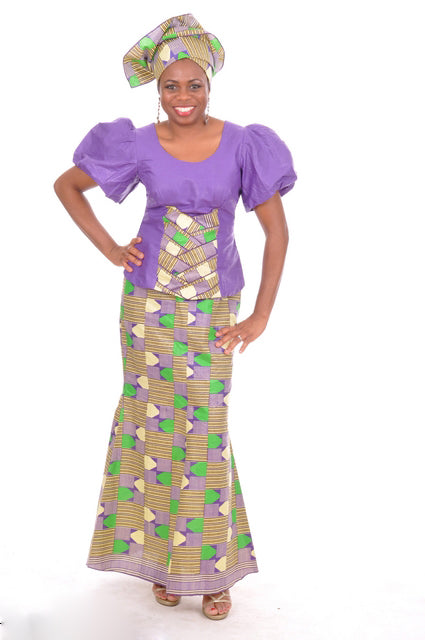 Purple Top with Purple Green Beige Print and Skirt-DPS0097DF