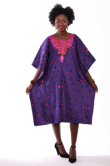 Purple Fuchsia African Print Dress Embroidered Neckline-DP3489