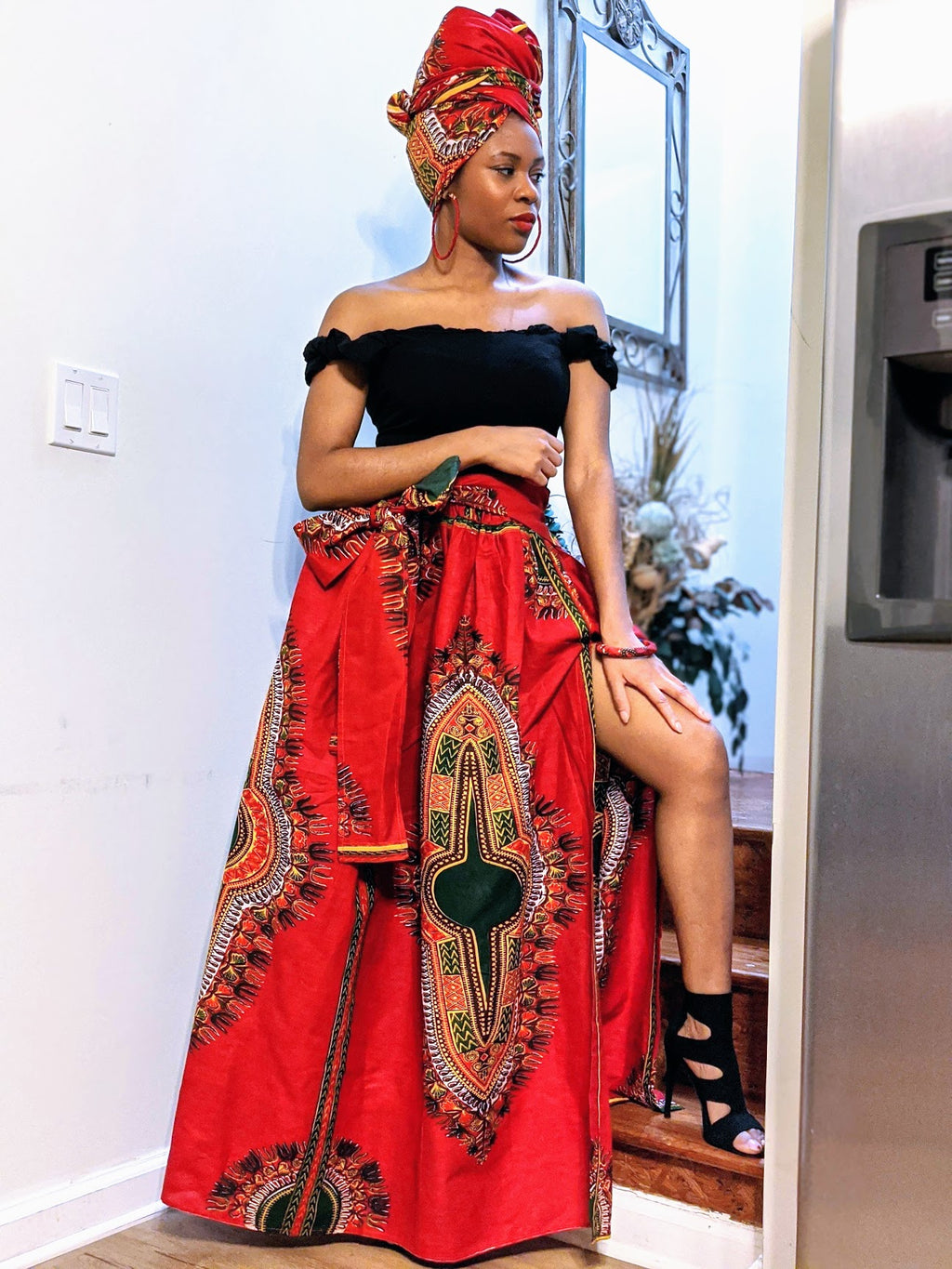 Red Dashiki African Print High Slit Skirt-DP3975SK1
