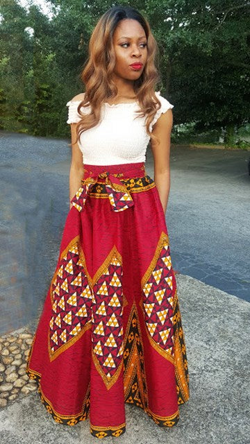 Red African Print Diamond High Waist Skirt-DP2687SK