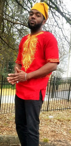 Red African Dashiki Shirt with Gold Embroidery-DP4003