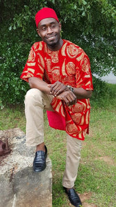 Red and Gold African Velvet Isiagu Igbo Shirt-DP3820