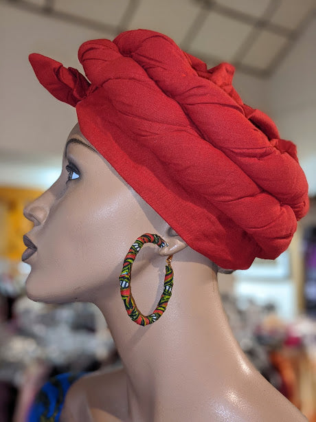 Red Olive Multicolor African Print Hoop Earrings-DPJ3765X