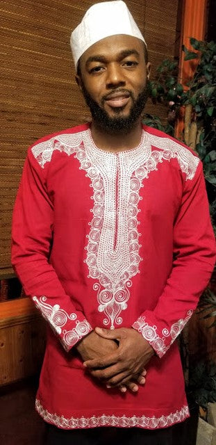 Contemporary Red African Dashiki Shirt with Off-White Embroidery