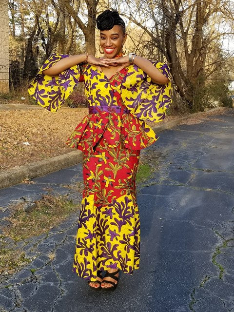 Red Yellow Purple African Print Peplum Top and Skirt-DP3941TS
