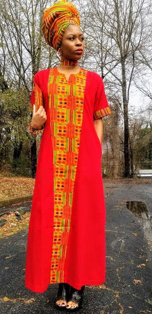 Red Dress with African Print Kente trimmings - DP3227BP3