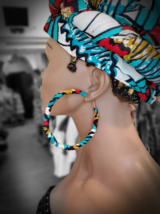 Red, Turquoise African Print Hoop Earrings-DP3551JL