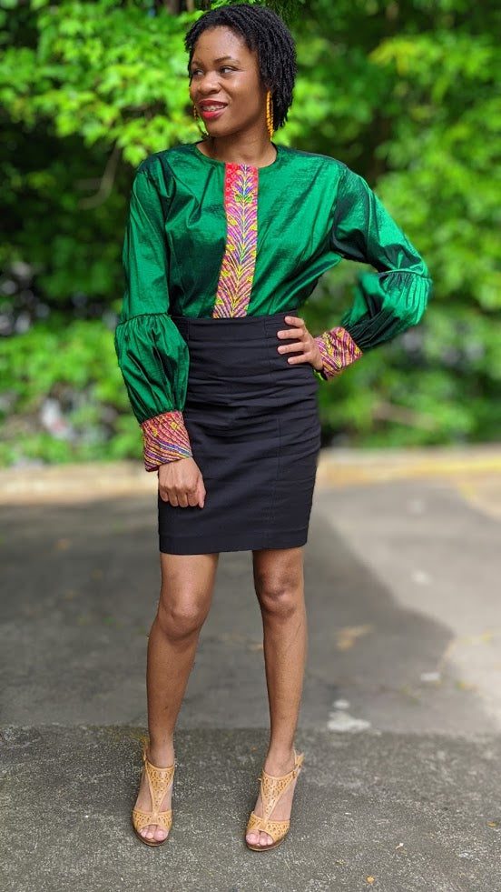 Green African Print and Satin Top for Ladies-DPXA005