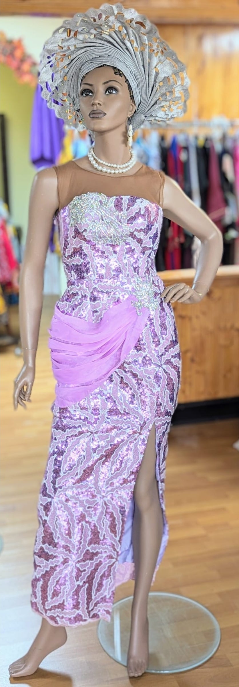 Maha Light Lilac Muave African Sleeveless Lace Sequins Maxi Bustier Dress-DPXLLD3
