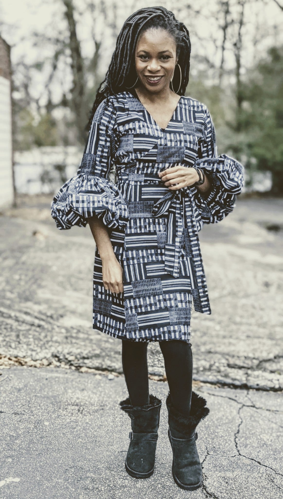 Emma Black White Kente African Print Wrap Dress-DPB0795PT
