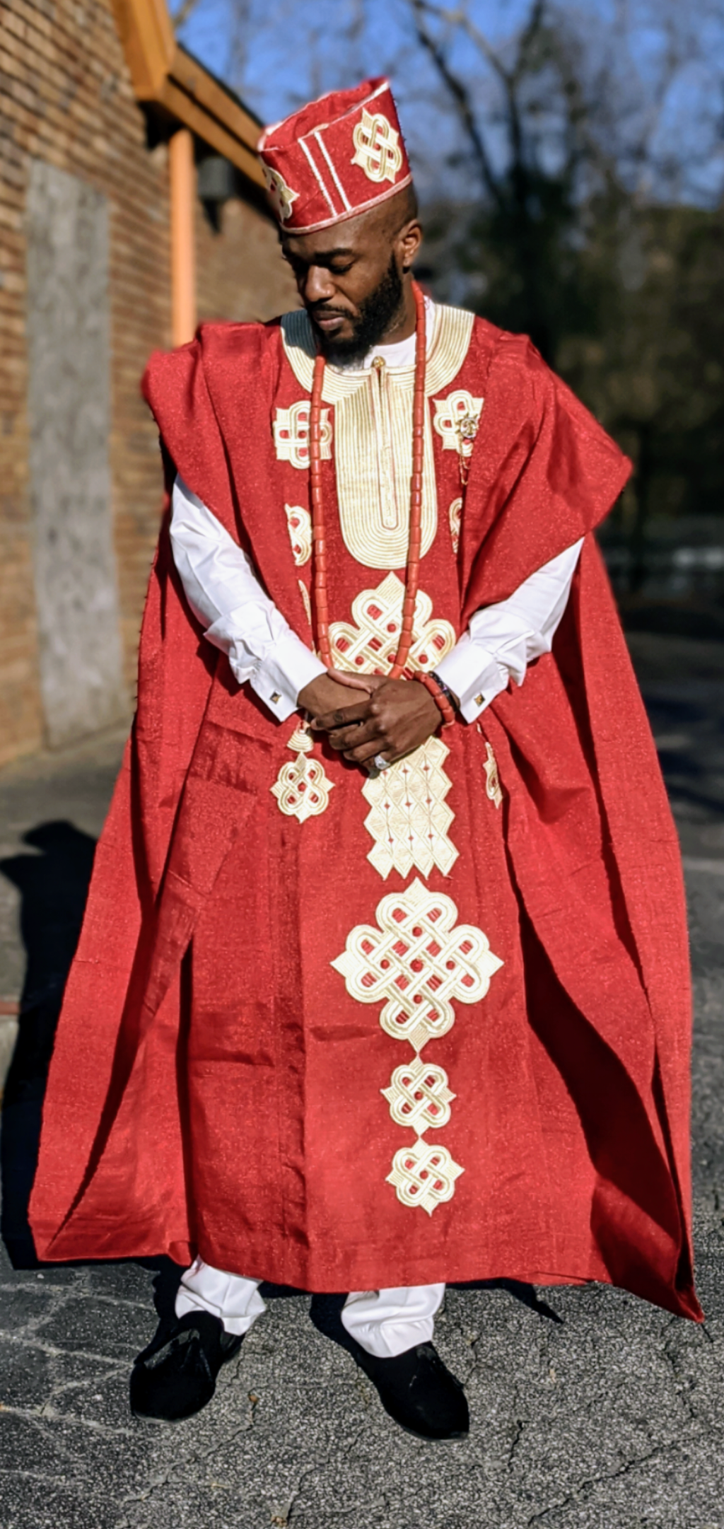 Awoniyi Red Beige Aso Oke Grandboubou Agbada Robe - DPAW911