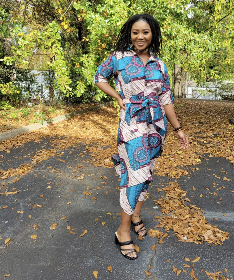african print shirt dress for ladies Lenia African Print Shirt Dress (Orange)