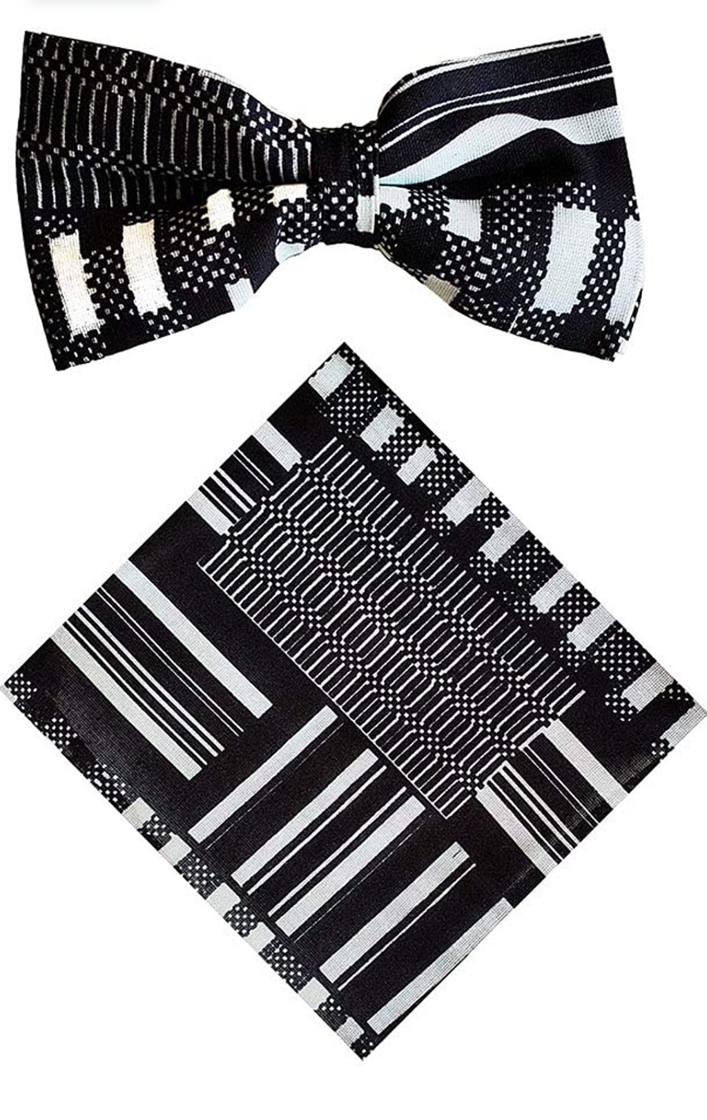 Black & White Kente African Print Bow tie with Pocket Square