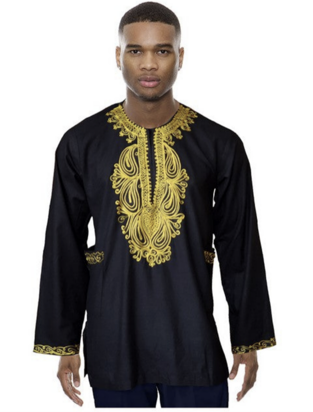 Black Cotton Long Sleeve Dashiki Shirt with Gold Embroidery DP3781MLS