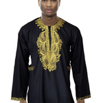 Black Cotton Long Sleeve Dashiki Shirt with Gold Embroidery DP3781MLS