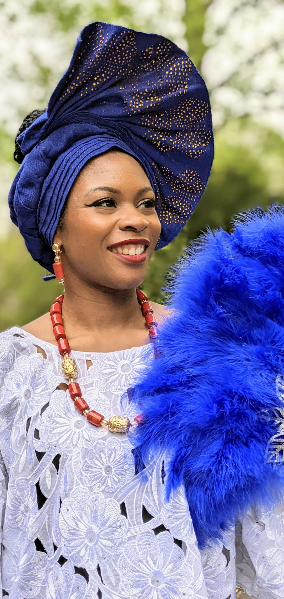 Royal Blue Olubunmi African Aso Oke Ready Autogele Head Wrap Hat with Golden Yellow Rhinestones - DPABO01