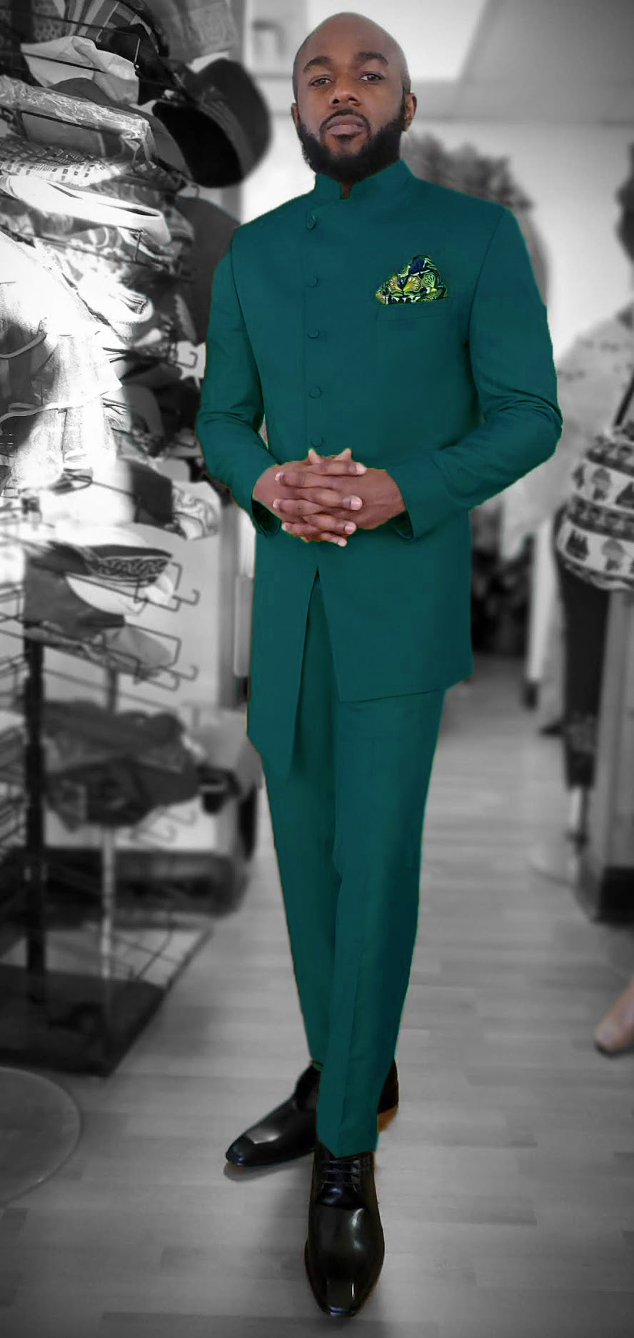Teal Audaray Uneven Bishop Collar African Suit and Pants for Men-DPX6003
