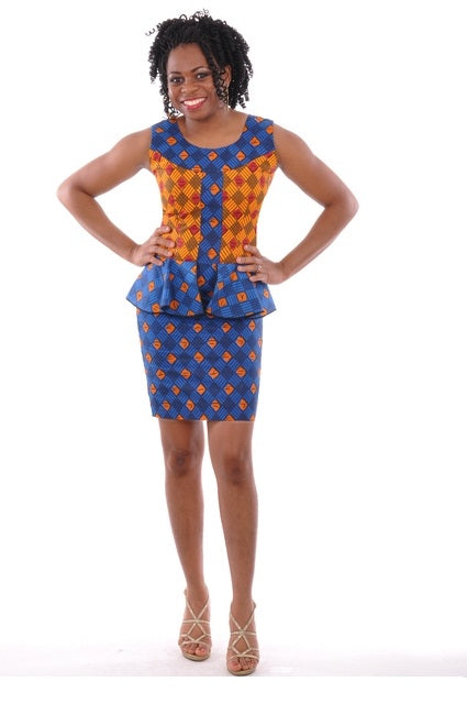 Trendy Royal Blue Orange African Print Dress with Flare-DP3034