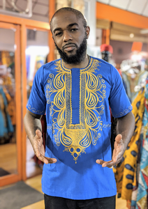 Tunji Blue Gold African Embroidered Shirt-DP3774DM