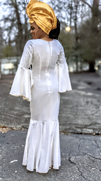 White Gold Embroidered Dupsies Panther Princess neckline African Dress