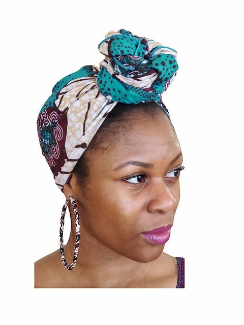 Turquoise and Maroon African Print Head wrap
