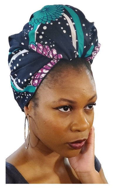 Navy-blue, purple, and Teal African Print Head wrap