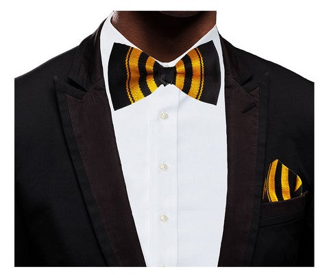 Black and Gold Handwoven Kente Bow Tie with Pocket Triangle