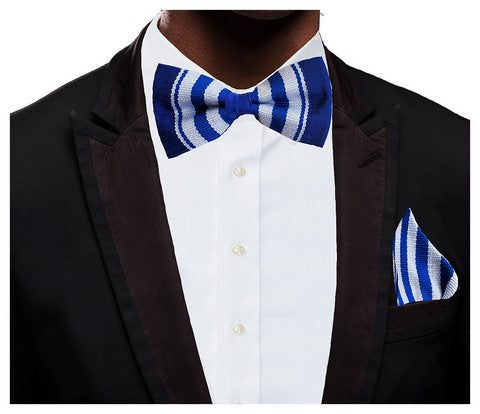 Blue and White Handwoven Kente Bow Tie and Pocket Triangle