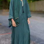 Green Nora African Chiffon Kaftan Moroccan Arabic Abaya Ribbed Dress with Gold Embroidery-DPKGB45