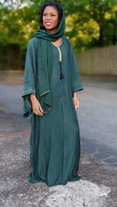 Green Nora African Chiffon Kaftan Moroccan Arabic Abaya Ribbed Dress with Gold Embroidery-DPKGB45