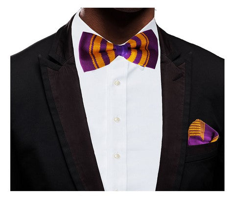 Purple and Gold Handwoven Kente Bow Tie and Pocket Triangle -DPT