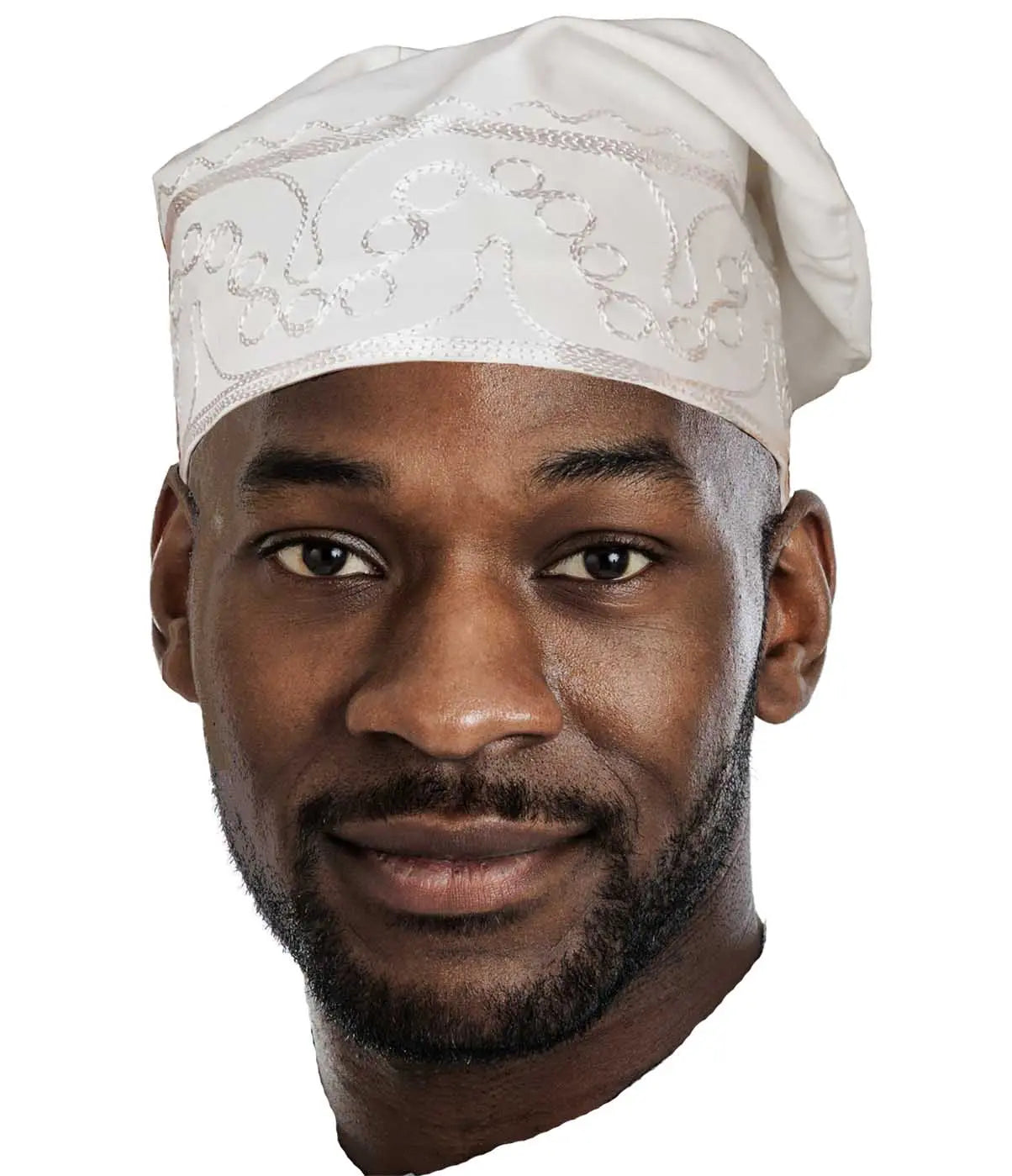 Hand Woven African Kente Kufi Hat - White & Black Pattern With Faux Leather, Made In Ghana